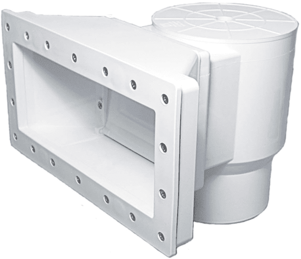 Wall-mounted gray hvac vent system with a circular duct and rectangular frame featuring multiple rivets, overlooking a PREMIUM POOL-Colombia 54"- 8" Resin Top Rail-SALT FRIENDLY.